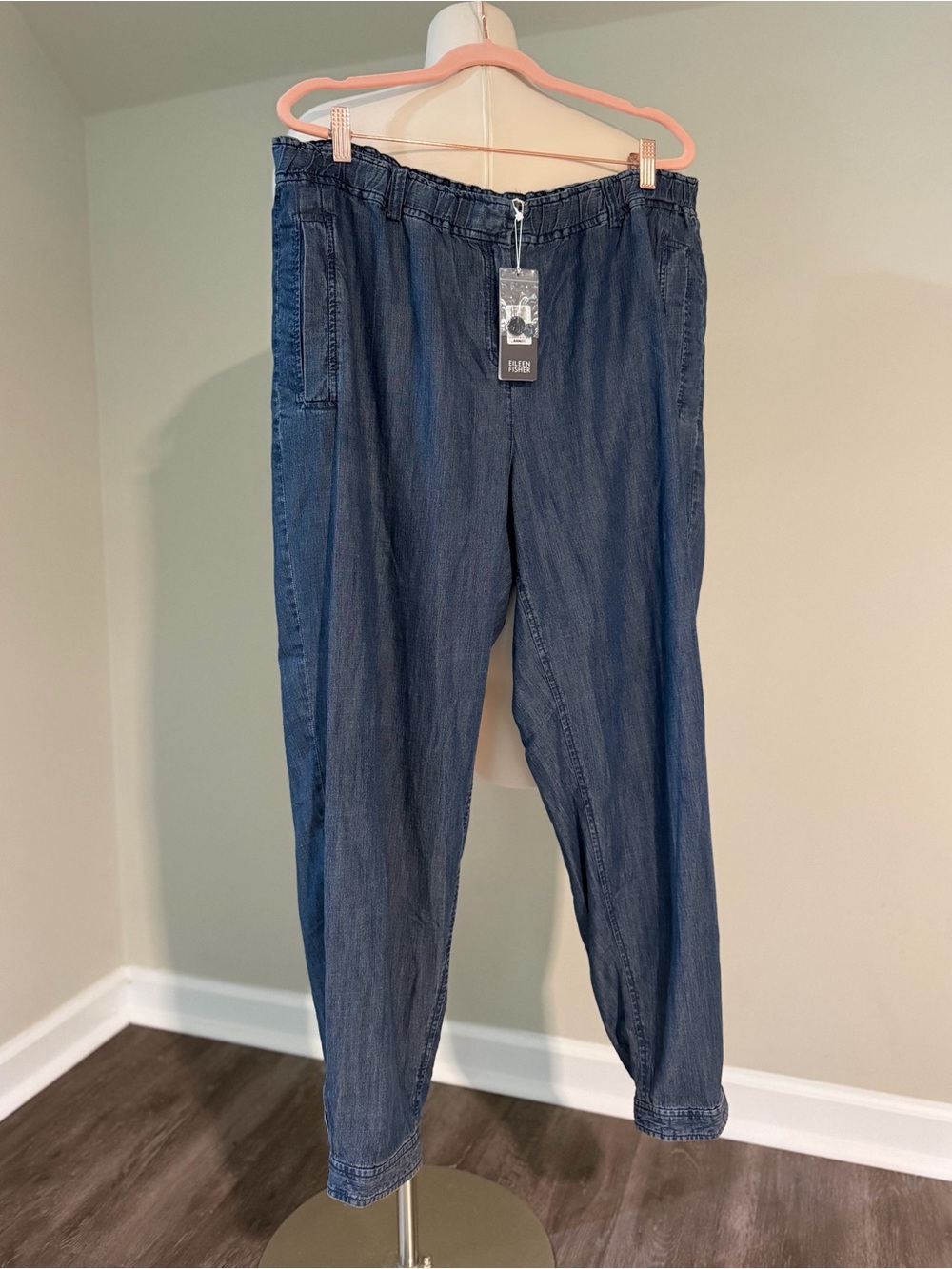 NWT Eileen Fisher, Tencel Denim, Slouchy Tapered, Smocked Waist, Minimalist
